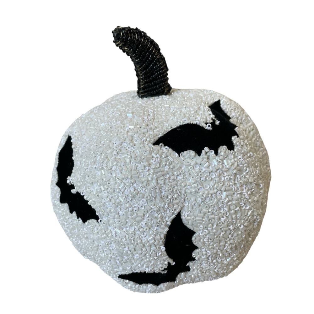 Black Flying Bats White Beaded Pumpkin 7" Chic Halloween Decor Made in India NEW